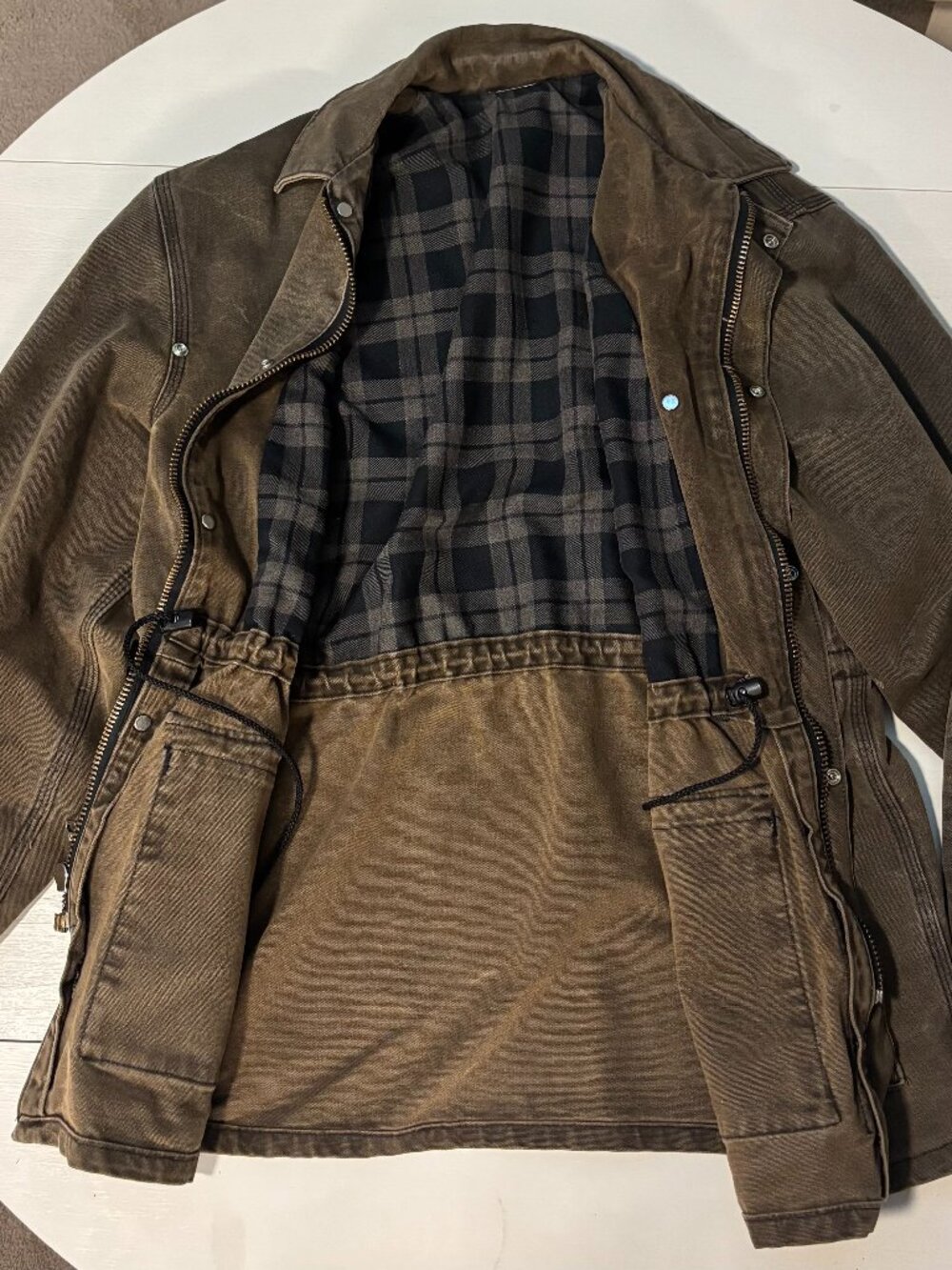 Vintage Men's Large Carhartt Jacket, Olive Green, Blue Plaid lining